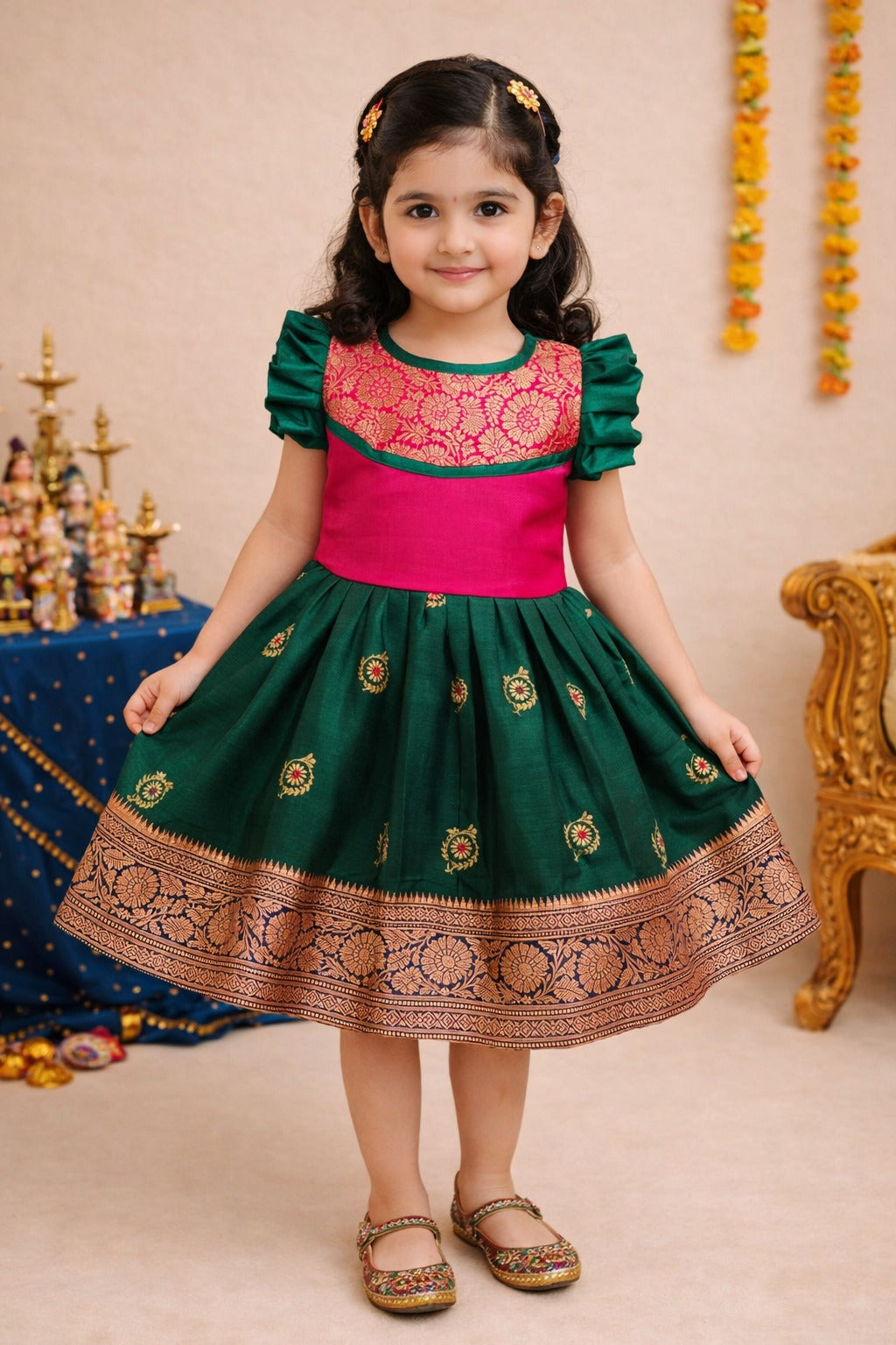 Girls Traditional Silk Party Frock – Banarasi Pattu Dress