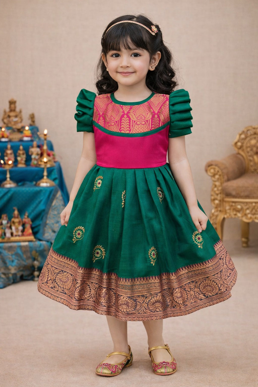 Girls Traditional Silk Party Frock – Banarasi Pattu Dress