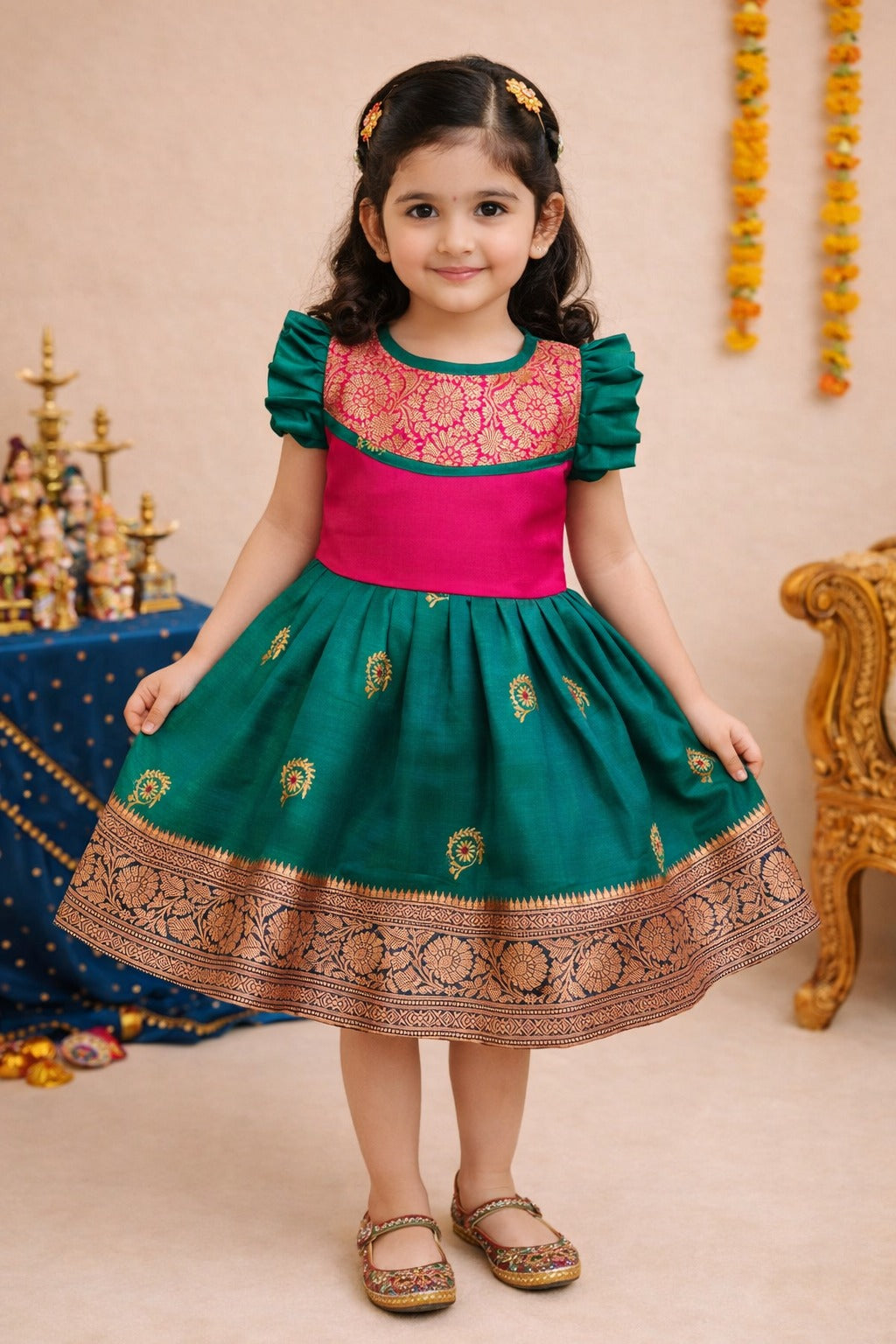 Girls Traditional Silk Party Frock – Banarasi Pattu Dress