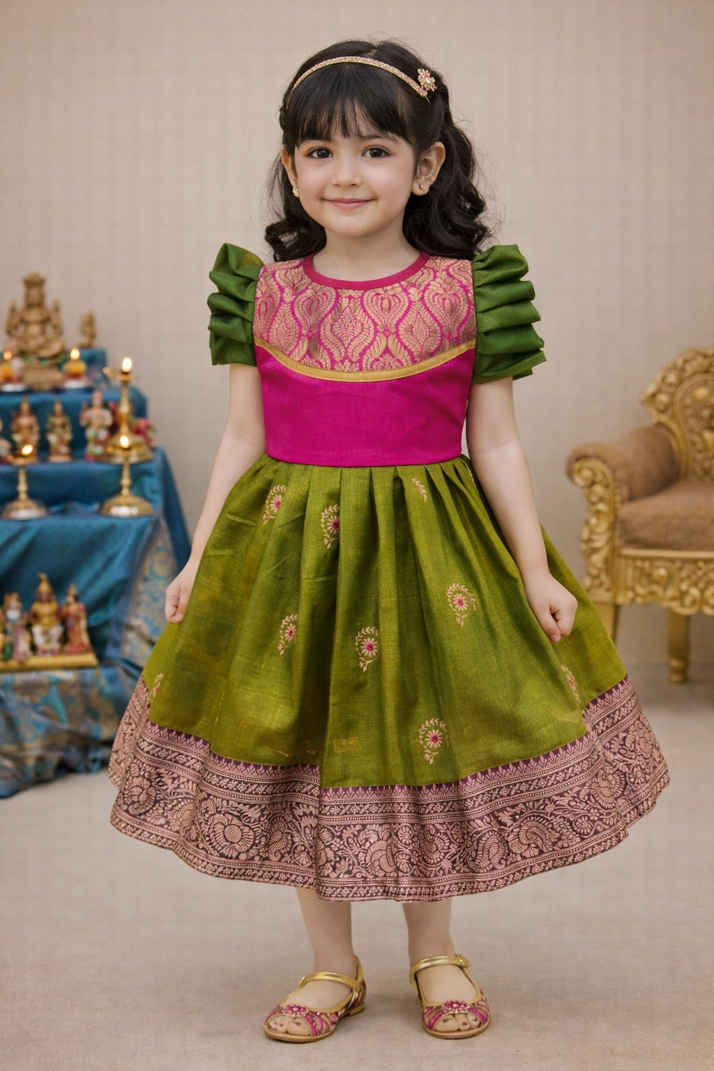 Girls Traditional Silk Party Frock – Banarasi Pattu Dress