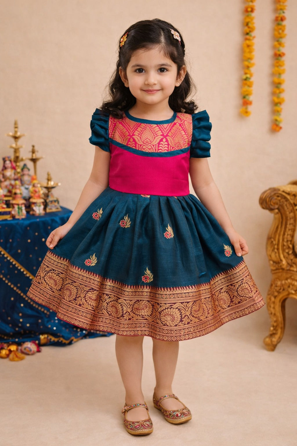 Girls Traditional Silk Party Frock – Banarasi Pattu Dress