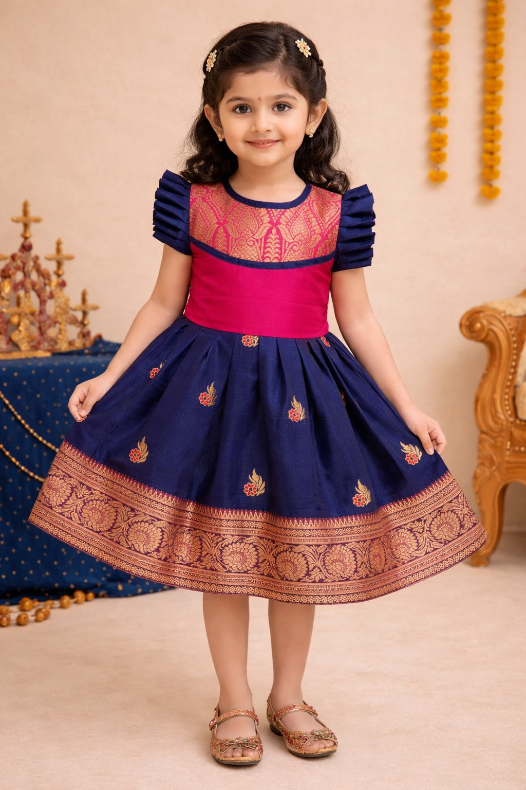 Girls Traditional Silk Party Frock – Banarasi Pattu Dress