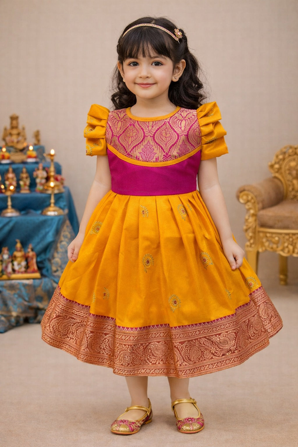 Girls Traditional Silk Party Frock – Banarasi Pattu Dress