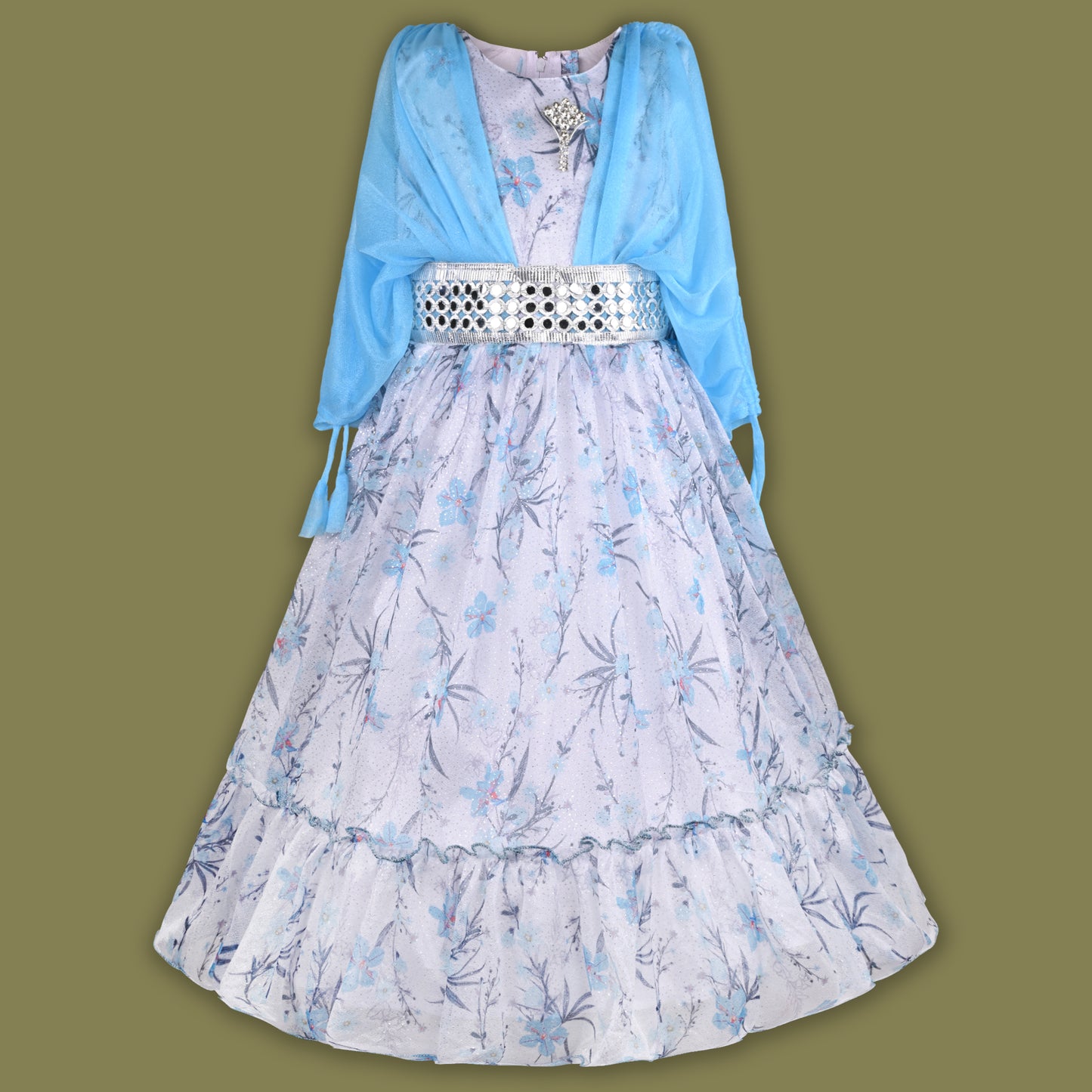 Girls Flowy Sleeves Mirror Belt Tiered Dress