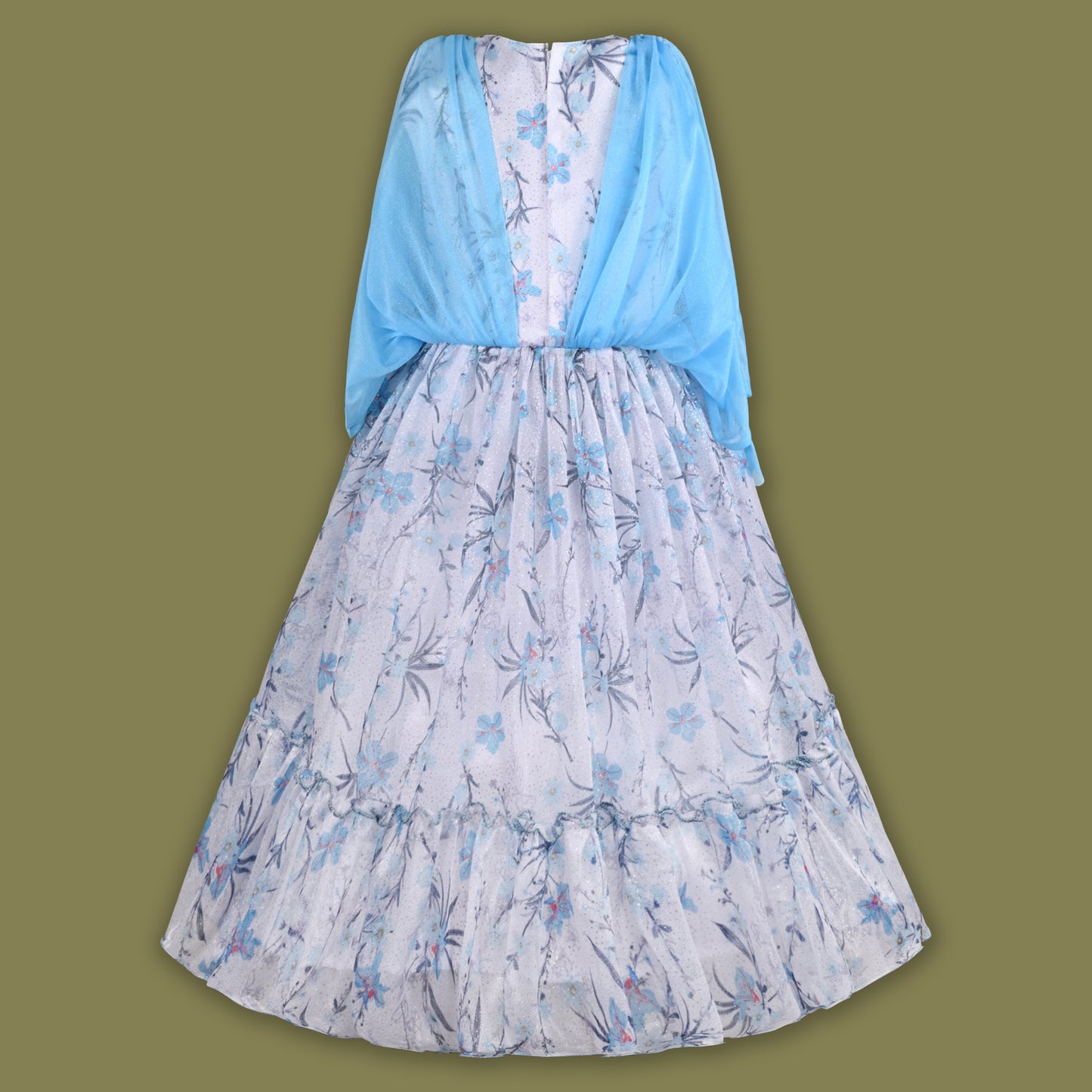 Girls Flowy Sleeves Mirror Belt Tiered Dress