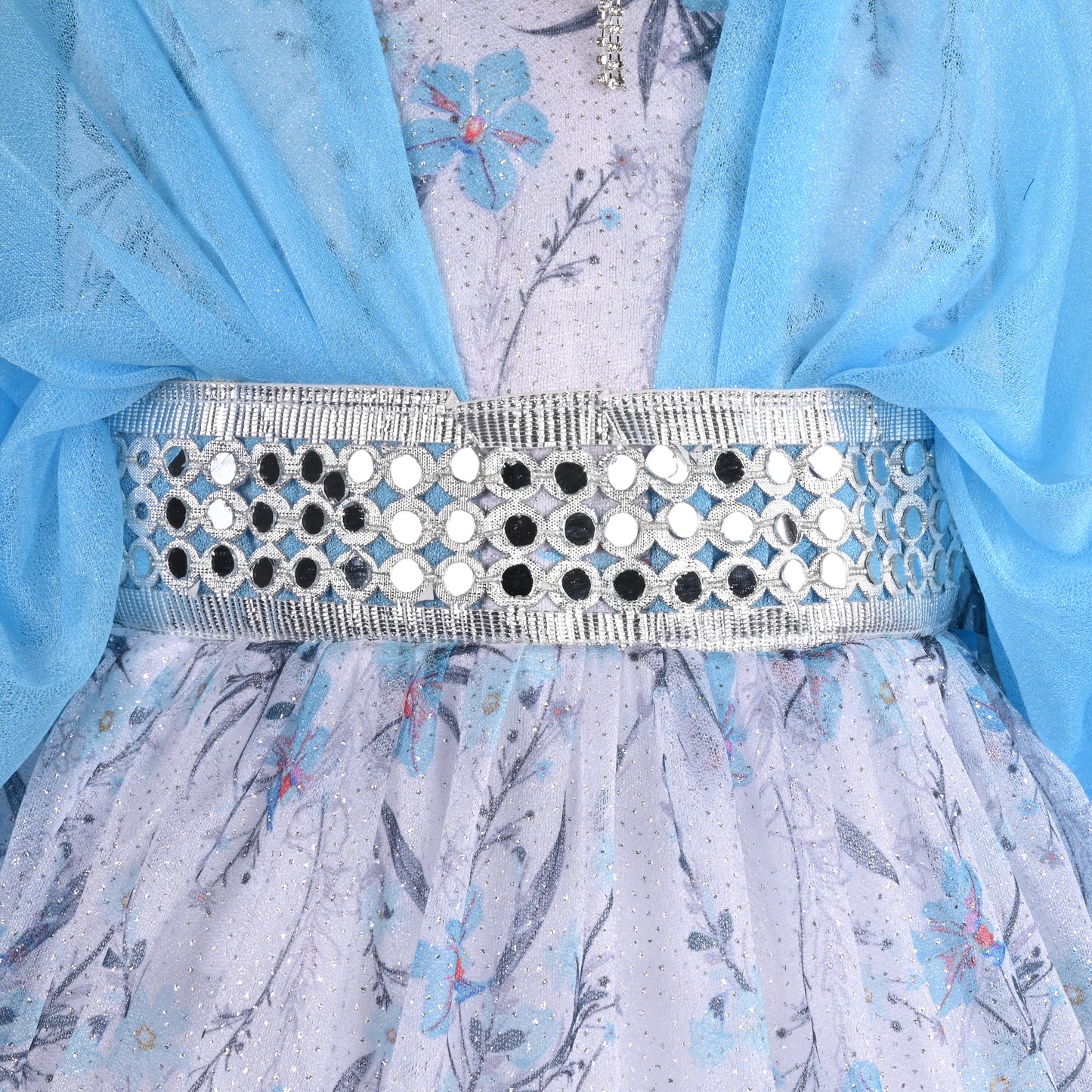 Girls Flowy Sleeves Mirror Belt Tiered Dress