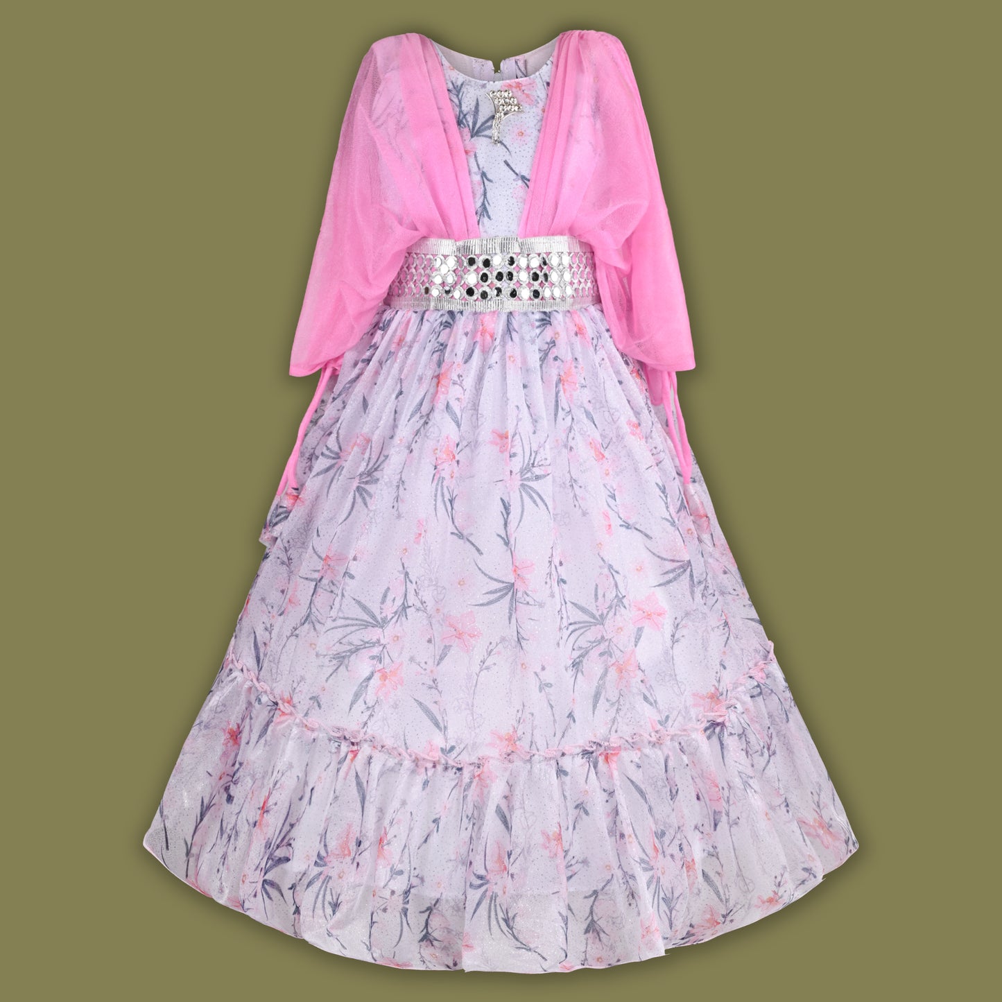 Girls Flowy Sleeves Mirror Belt Tiered Dress