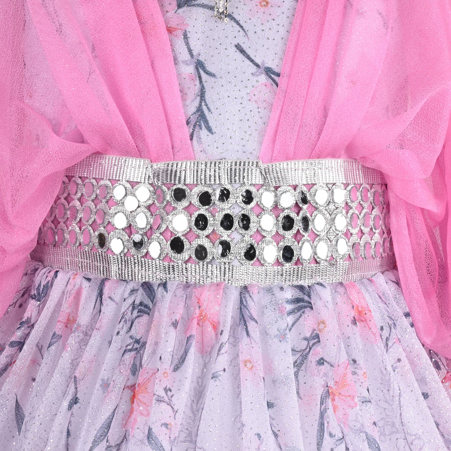 Girls Flowy Sleeves Mirror Belt Tiered Dress