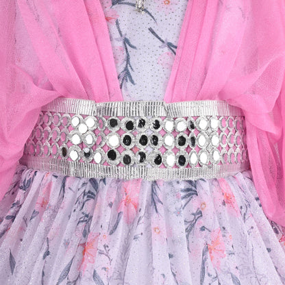 Girls Flowy Sleeves Mirror Belt Tiered Dress
