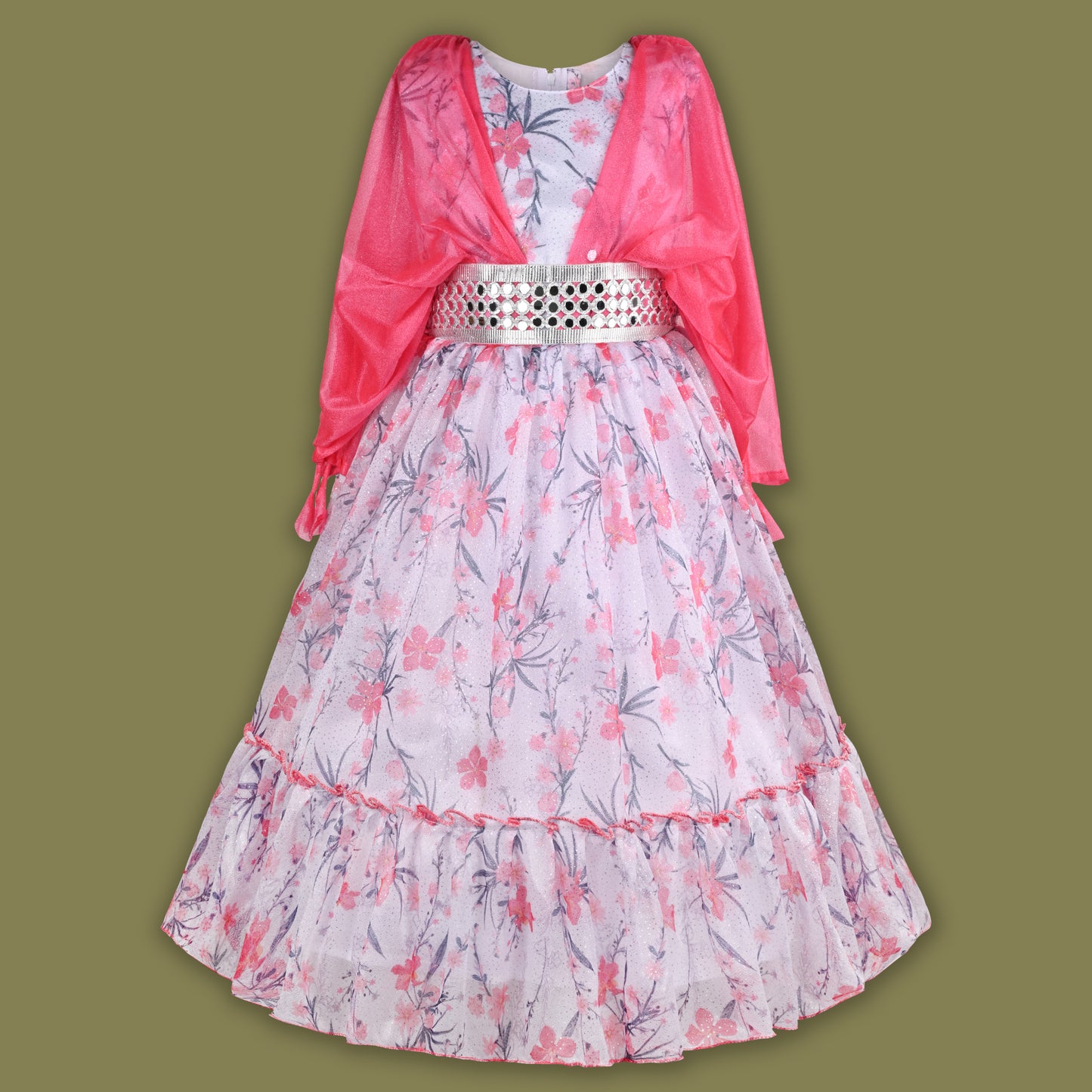 Girls Flowy Sleeves Mirror Belt Tiered Dress