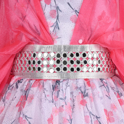 Girls Flowy Sleeves Mirror Belt Tiered Dress