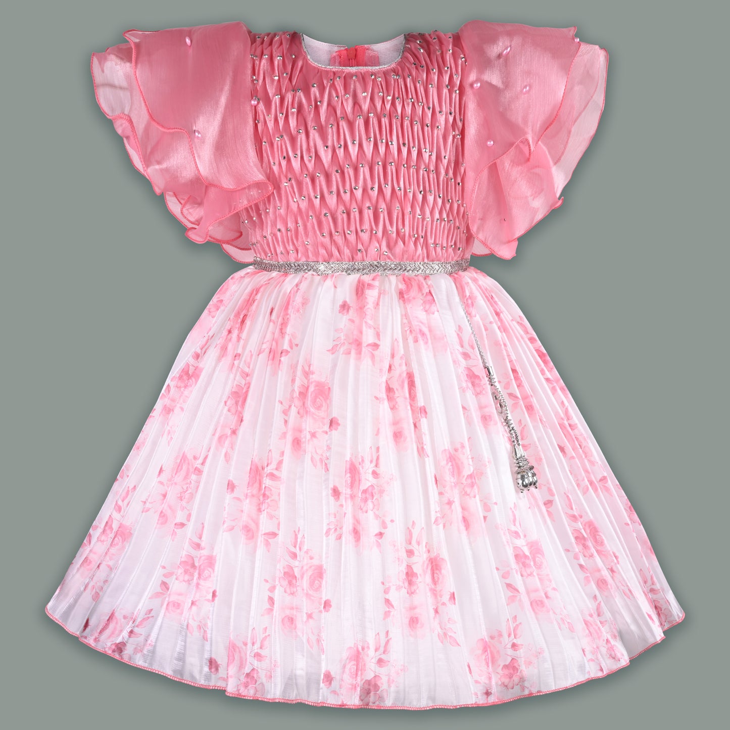 Girls Floral Rhinestone Pleated Dress fep3429