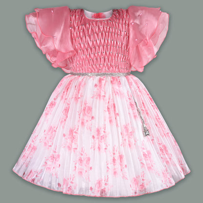 Girls Floral Rhinestone Pleated Dress fep3429
