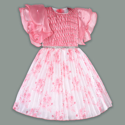 Girls Floral Rhinestone Pleated Dress fep3429