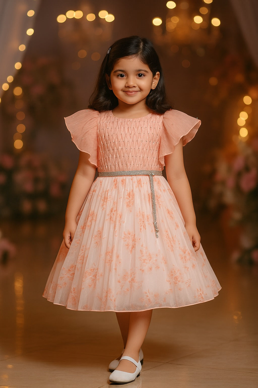 Girls Floral Rhinestone Pleated Dress fep3429