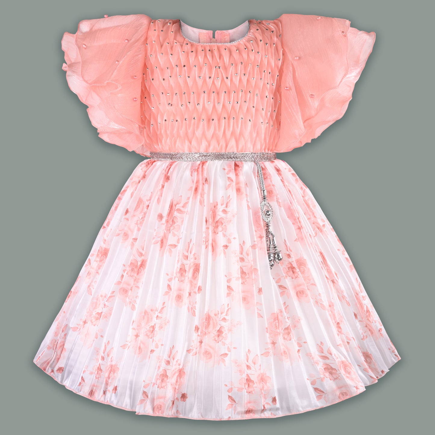 Girls Floral Rhinestone Pleated Dress fep3429