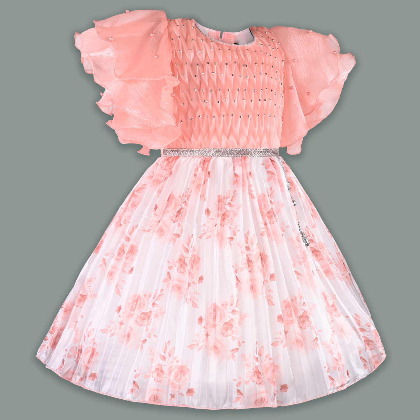 Girls Floral Rhinestone Pleated Dress fep3429