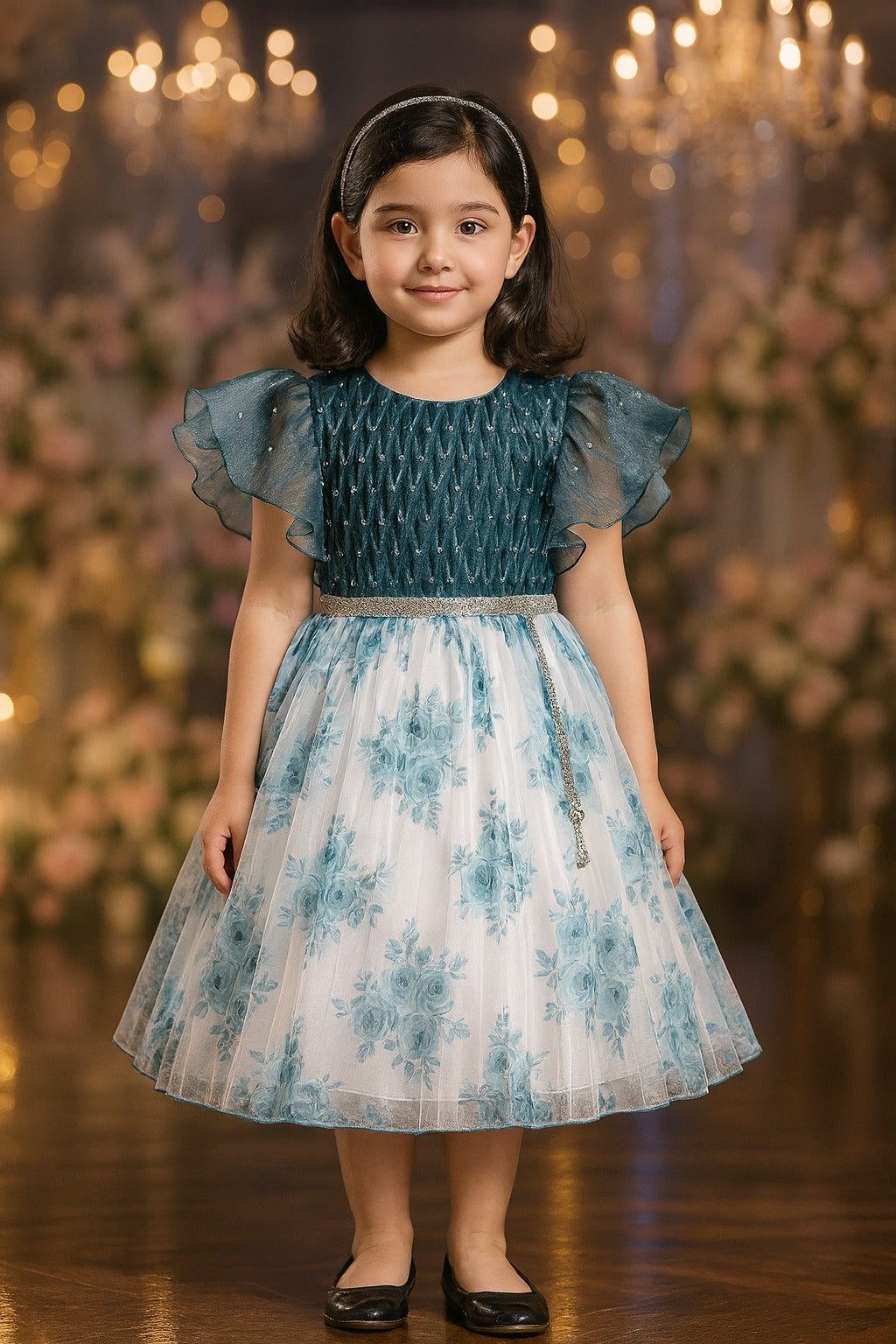Girls Floral Rhinestone Pleated Dress fep3429
