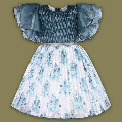 Girls Floral Rhinestone Pleated Dress fep3429