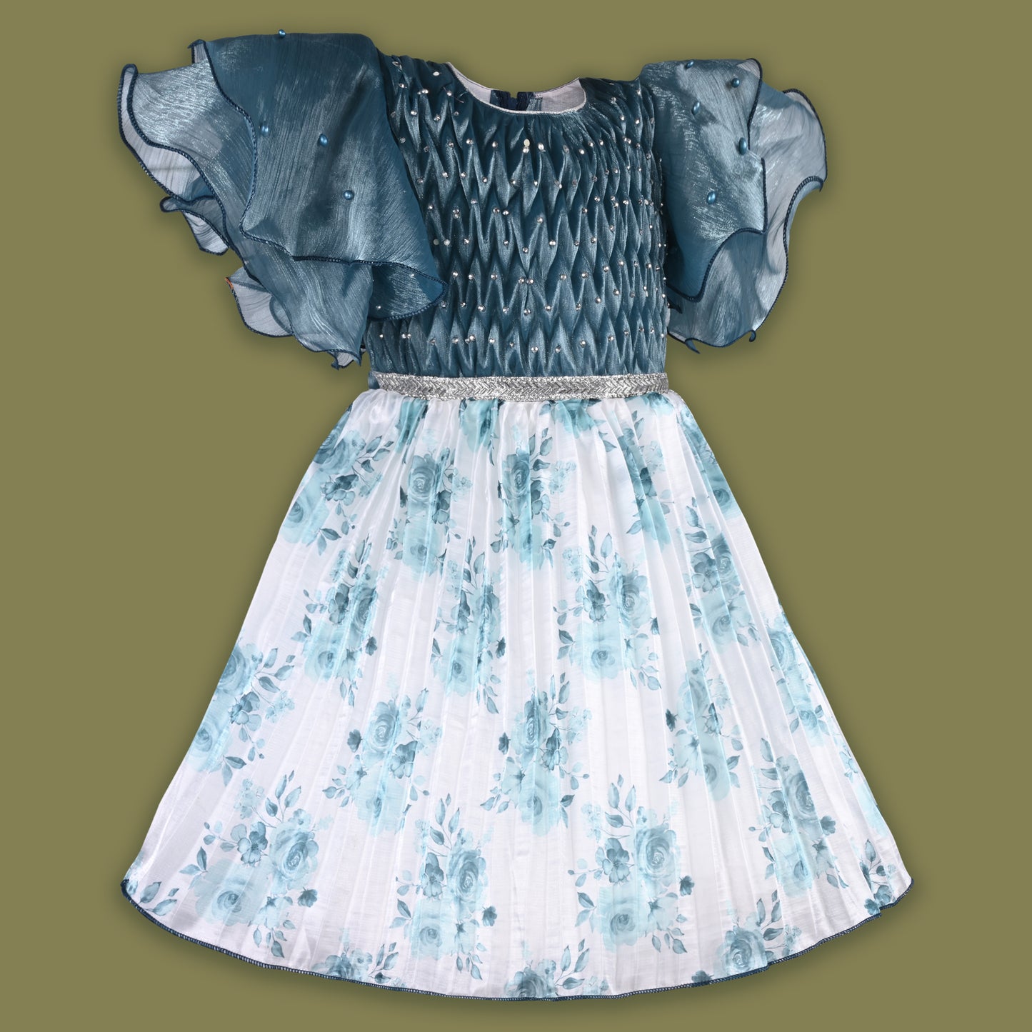 Girls Floral Rhinestone Pleated Dress fep3429