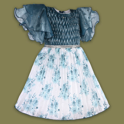Girls Floral Rhinestone Pleated Dress fep3429