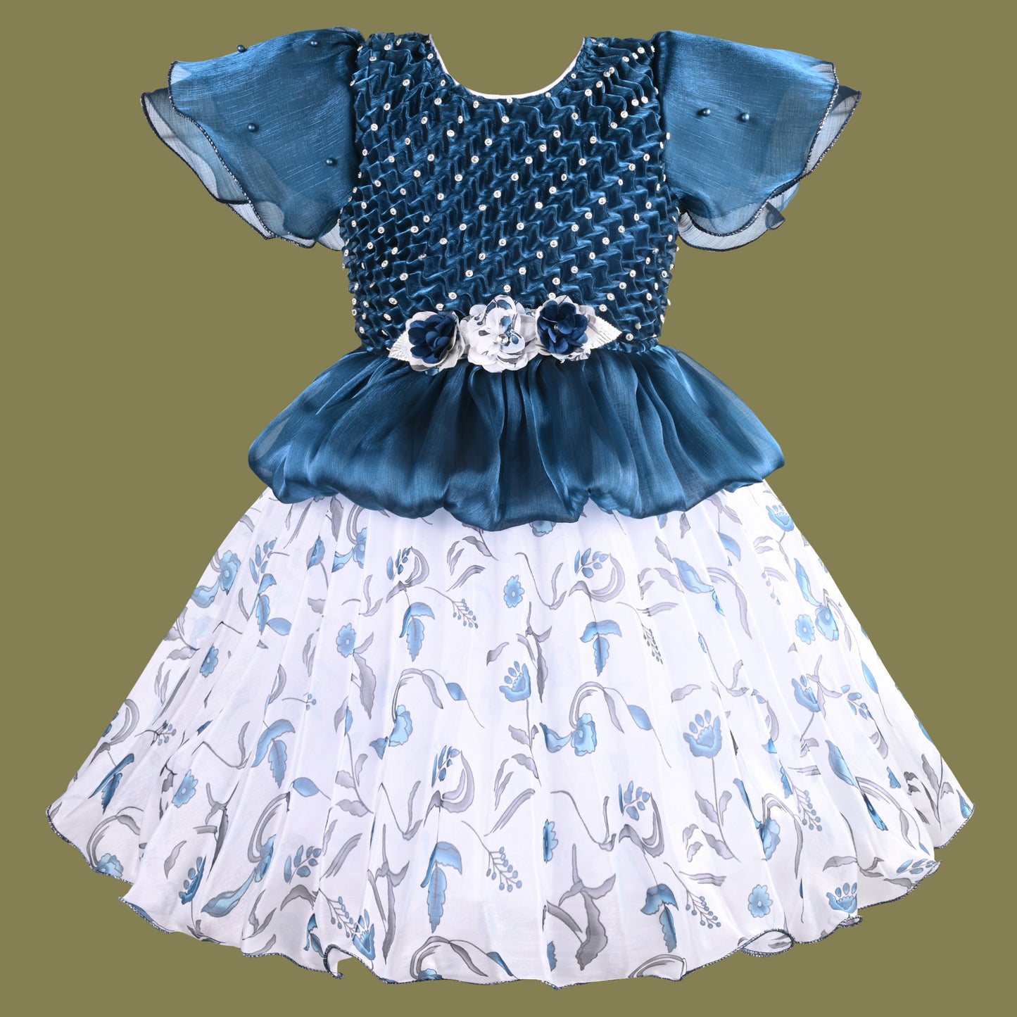 Girls Floral Applique Embellished Ruffle Sleeve Printed Party Dress fep3485