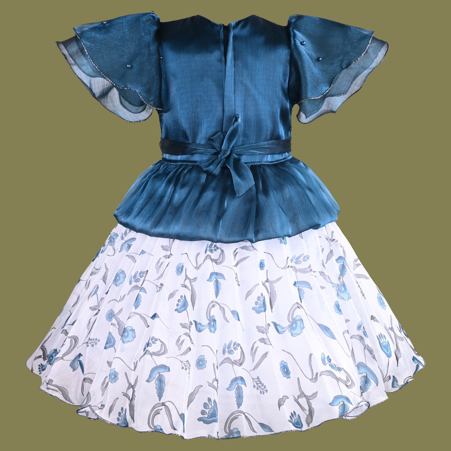 Girls Floral Applique Embellished Ruffle Sleeve Printed Party Dress fep3485