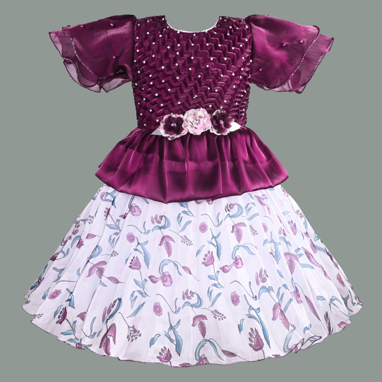 Girls Floral Applique Embellished Ruffle Sleeve Printed Party Dress fep3485