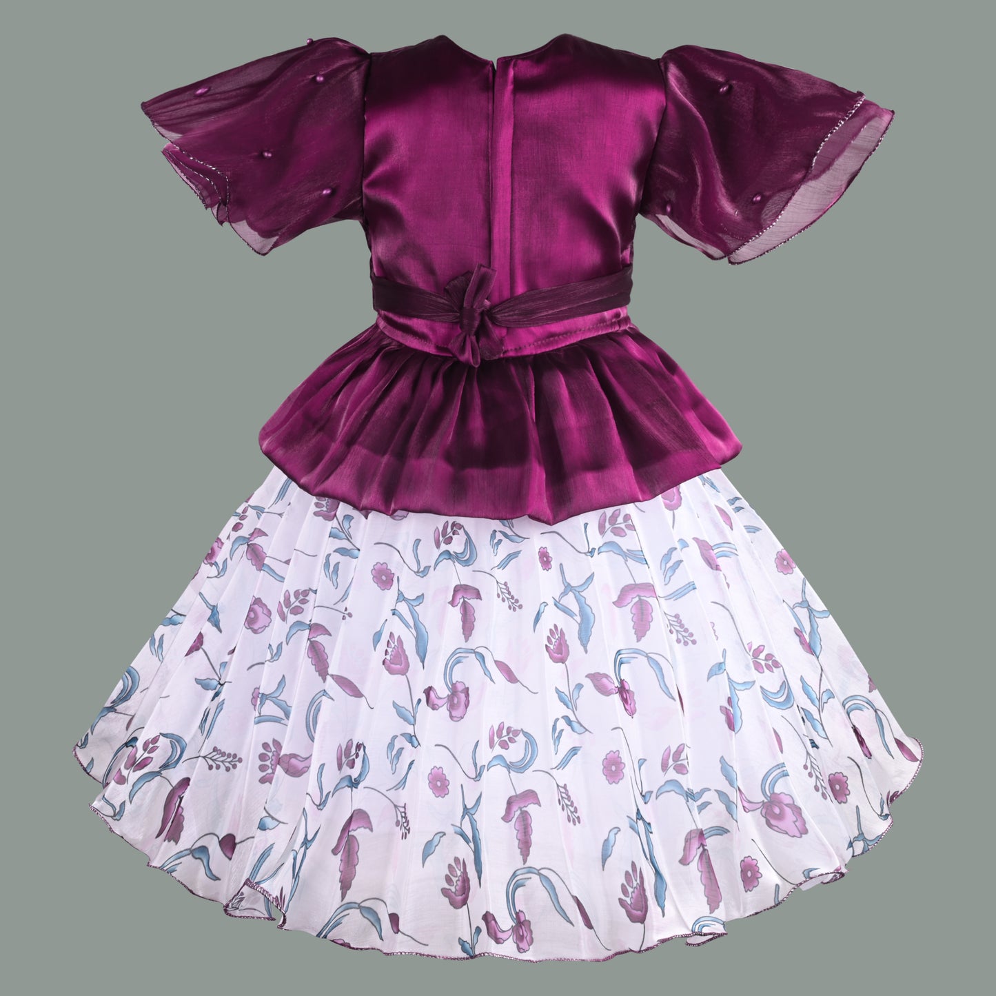 Girls Floral Applique Embellished Ruffle Sleeve Printed Party Dress fep3485