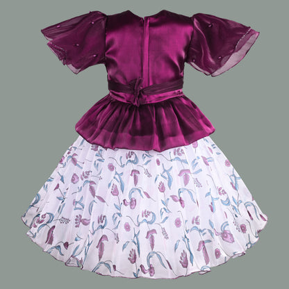 Girls Floral Applique Embellished Ruffle Sleeve Printed Party Dress fep3485