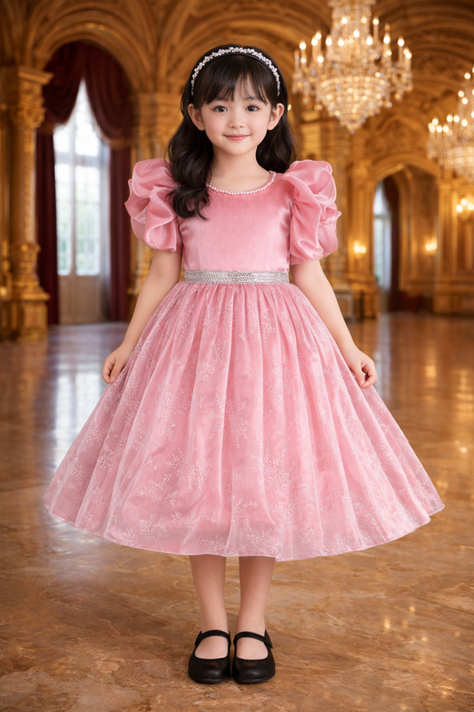 Girls Studded Balloon Sleeve Glitter Floral Party Dress - Wish Karo - photo 2