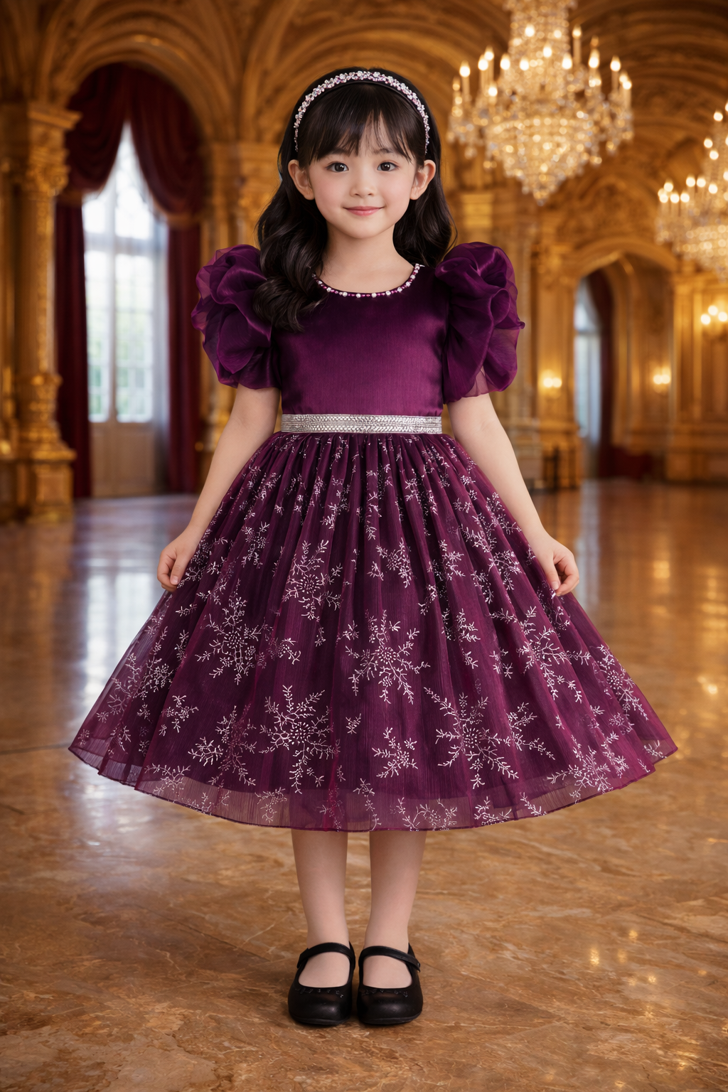 Girls Studded Balloon Sleeve Glitter Floral Party Dress