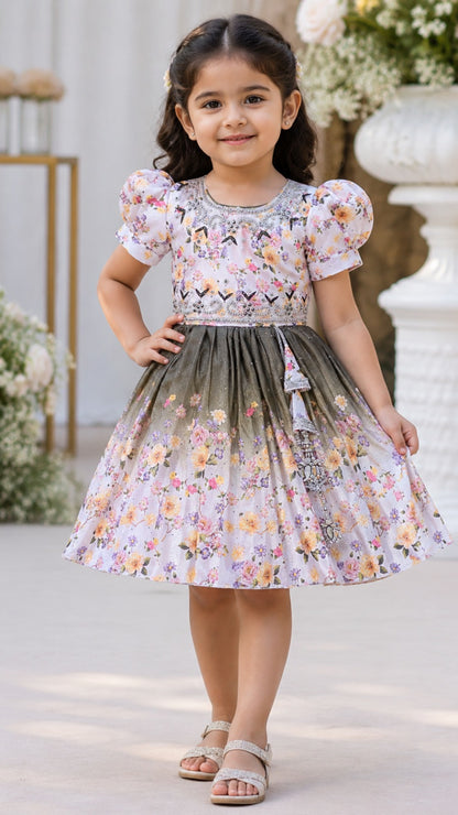 Elegant Kids Floral Party Dress – Art Silk Fabric | Embroidered Bodice | Puff Sleeves Occasion Wear Fep3507