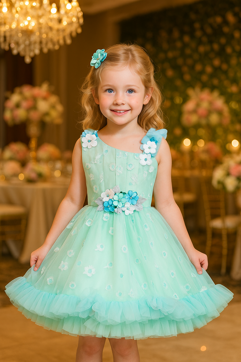 Girls Floral Net Flared Party Dress with Glitter Work fep3509