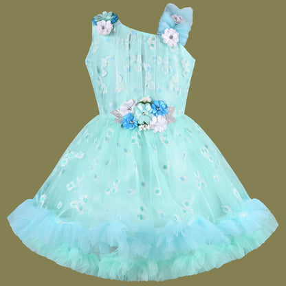 Girls Floral Net Flared Party Dress with Glitter Work fep3509