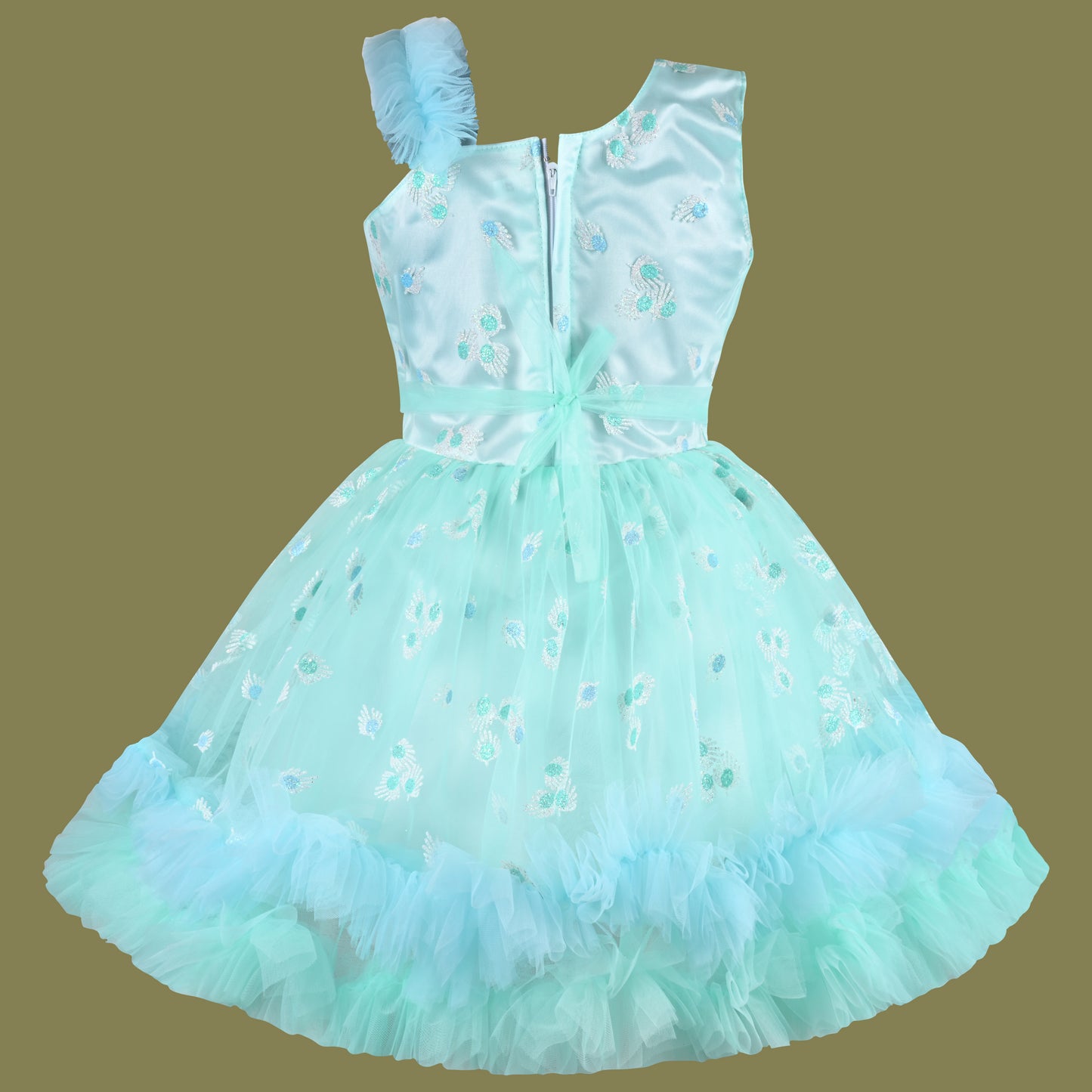 Girls Floral Net Flared Party Dress with Glitter Work fep3509