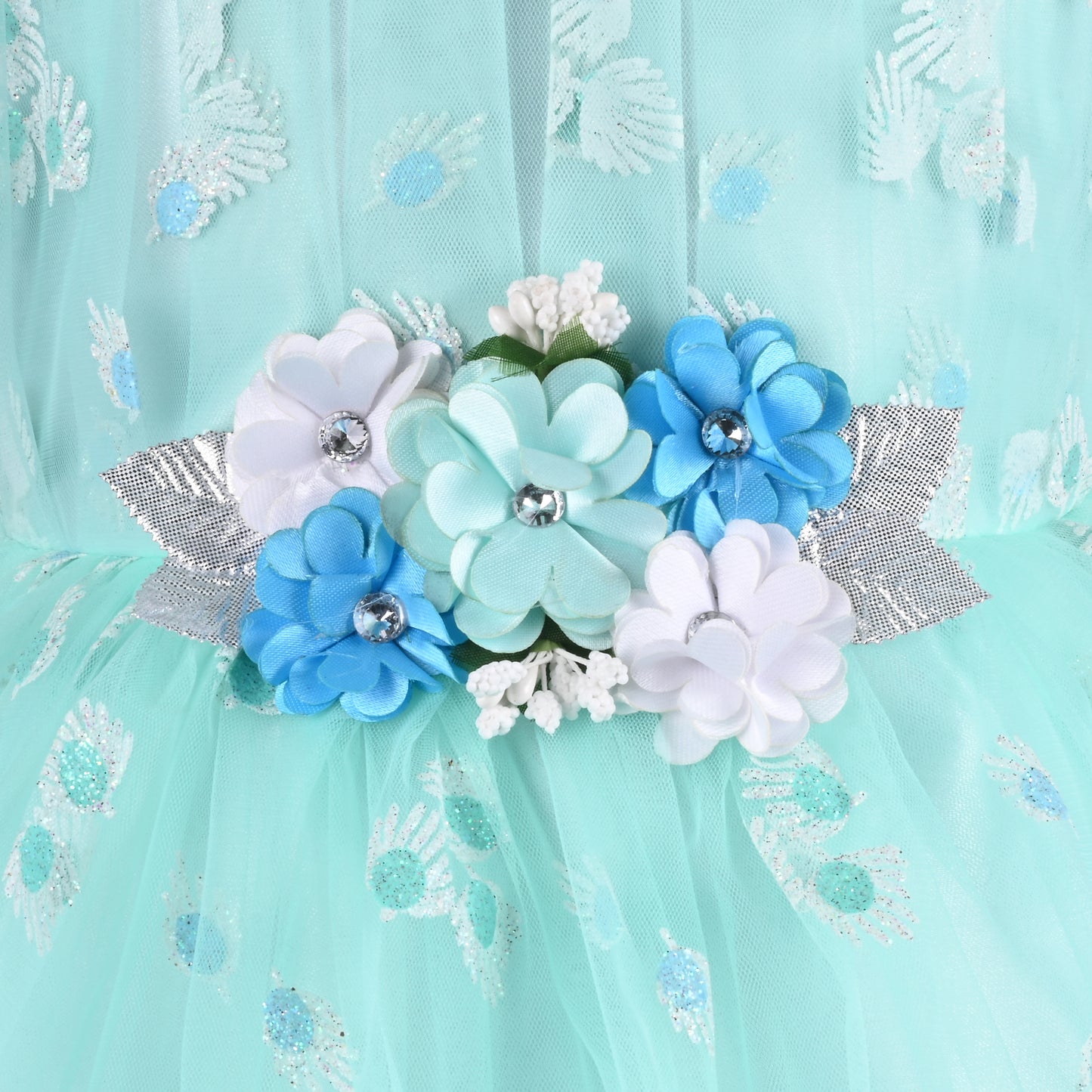 Girls Floral Net Flared Party Dress with Glitter Work fep3509