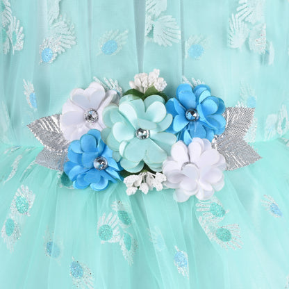 Girls Floral Net Flared Party Dress with Glitter Work fep3509