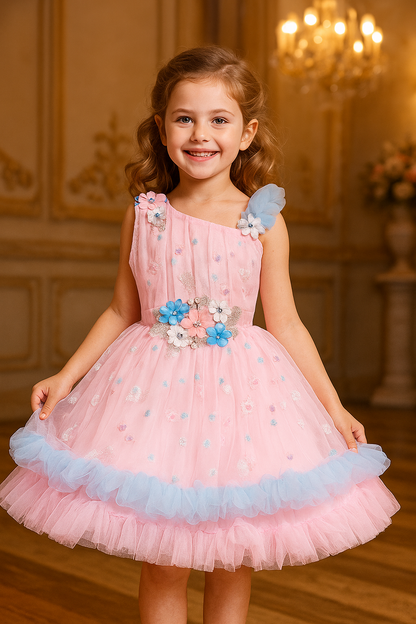 Girls Floral Net Flared Party Dress with Glitter Work fep3509