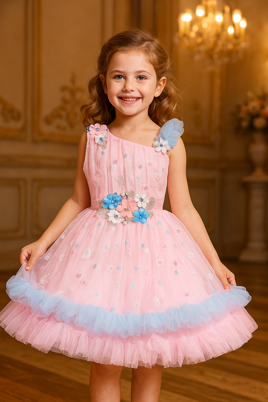 Girls Floral Net Flared Party Dress with Glitter Work fep3509