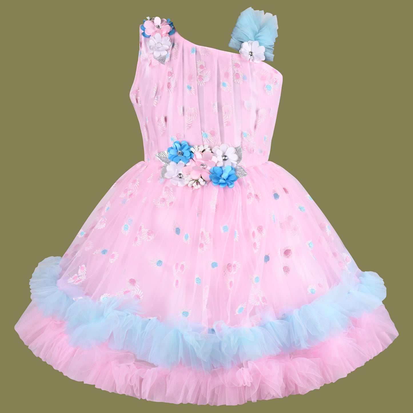 Girls Floral Net Flared Party Dress with Glitter Work fep3509
