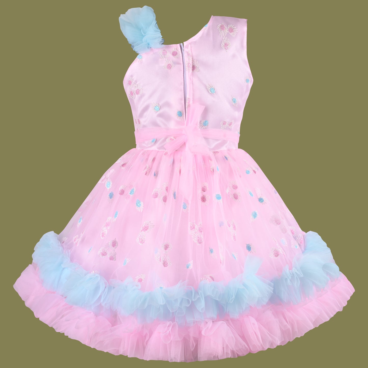 Girls Floral Net Flared Party Dress with Glitter Work fep3509
