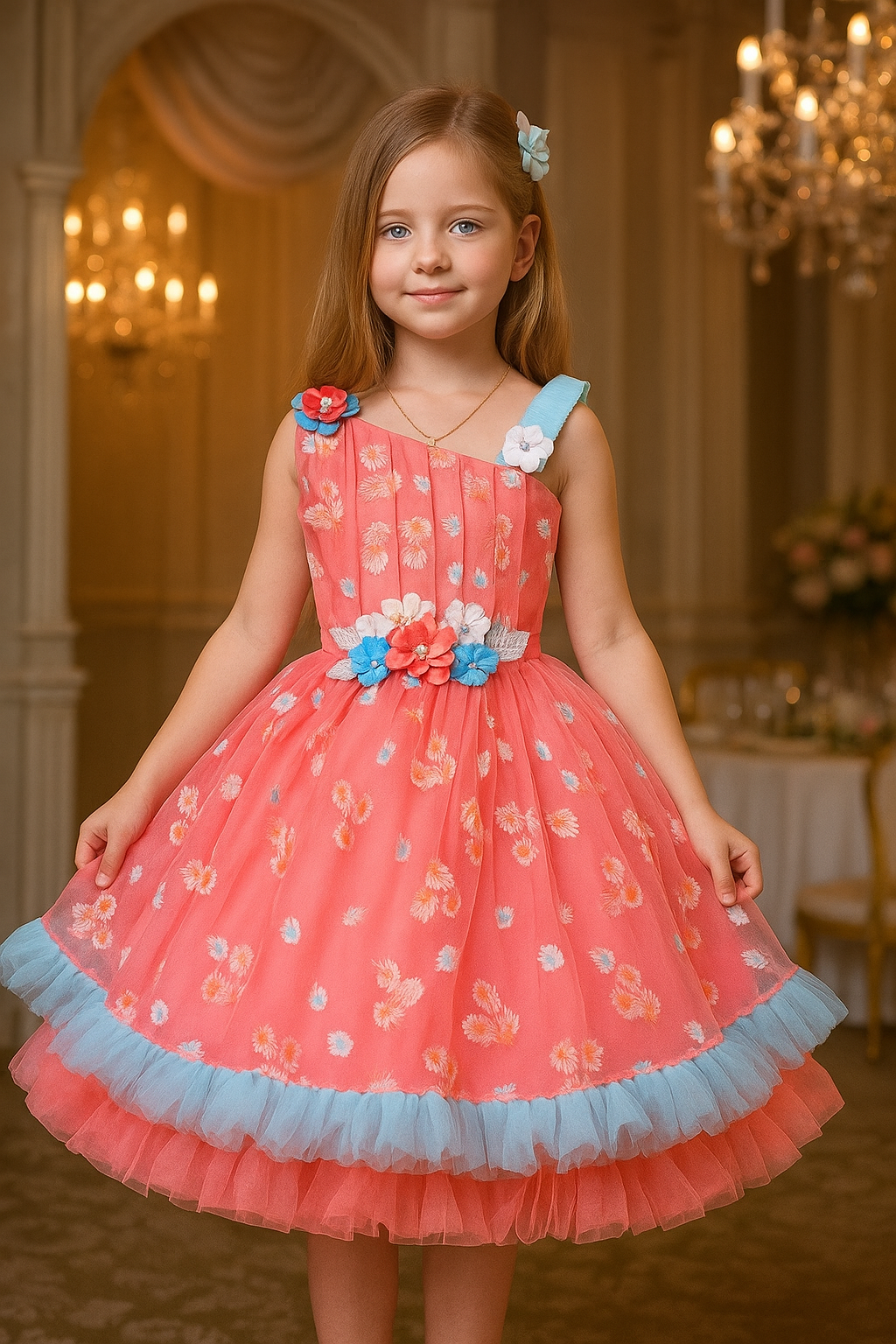 Girls Floral Net Flared Party Dress with Glitter Work fep3509