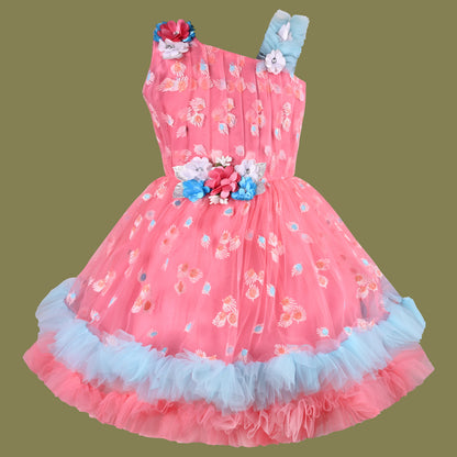 Girls Floral Net Flared Party Dress with Glitter Work fep3509