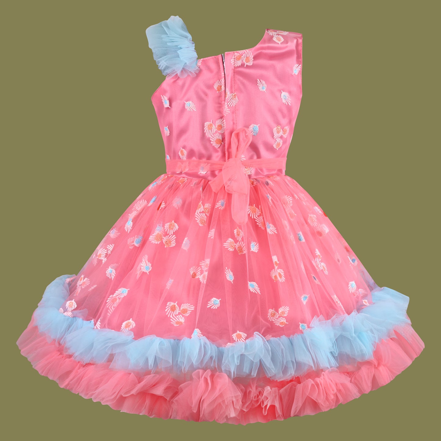 Girls Floral Net Flared Party Dress with Glitter Work fep3509