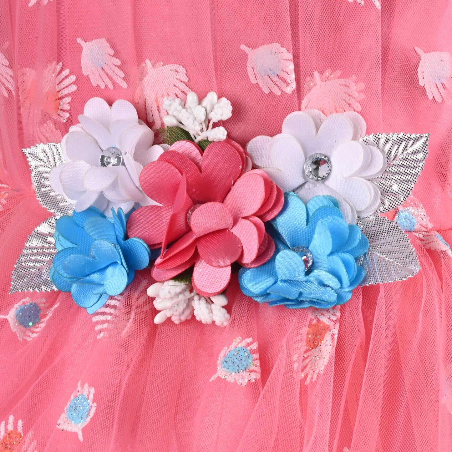 Girls Floral Net Flared Party Dress with Glitter Work fep3509