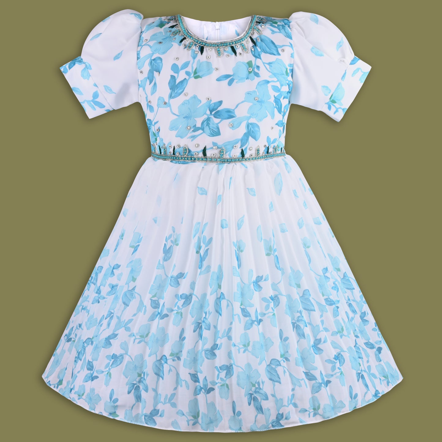 Girls Floral Print Bead Embellished Flared Party Dress fep3512
