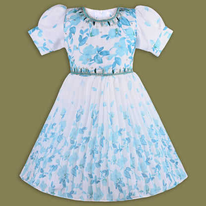 Girls Floral Print Bead Embellished Flared Party Dress fep3512