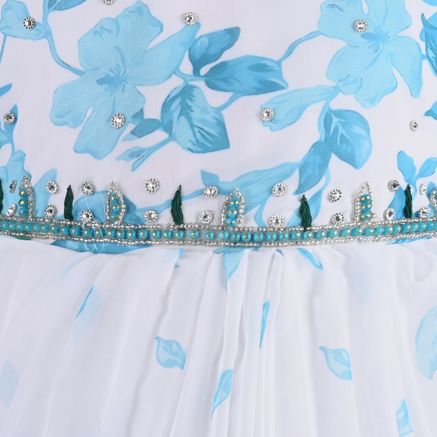 Girls Floral Print Bead Embellished Flared Party Dress fep3512