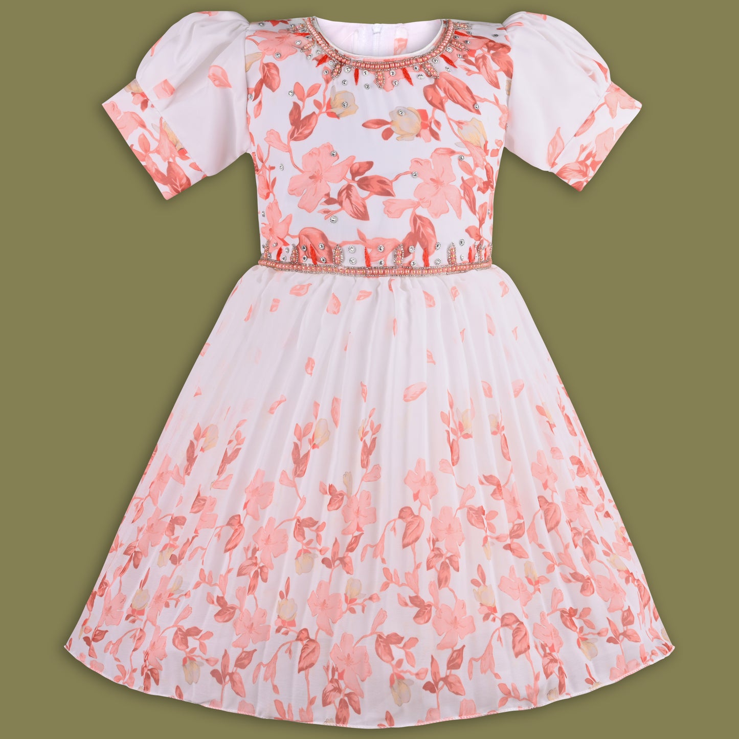 Girls Floral Print Bead Embellished Flared Party Dress fep3512